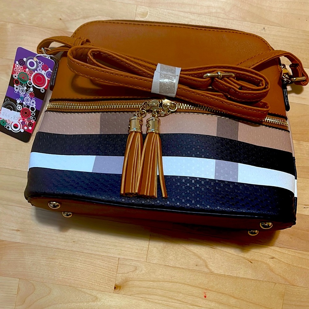 Vegan Lightweight Med Dome Crossbody &  Shoulder Bag with Tassel - Plaid Pattern